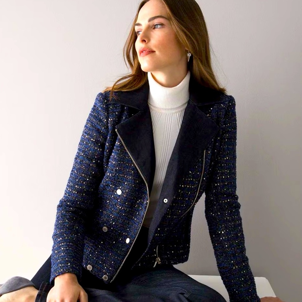 Navy Tweed Moto Jacket with Black Suede Trim